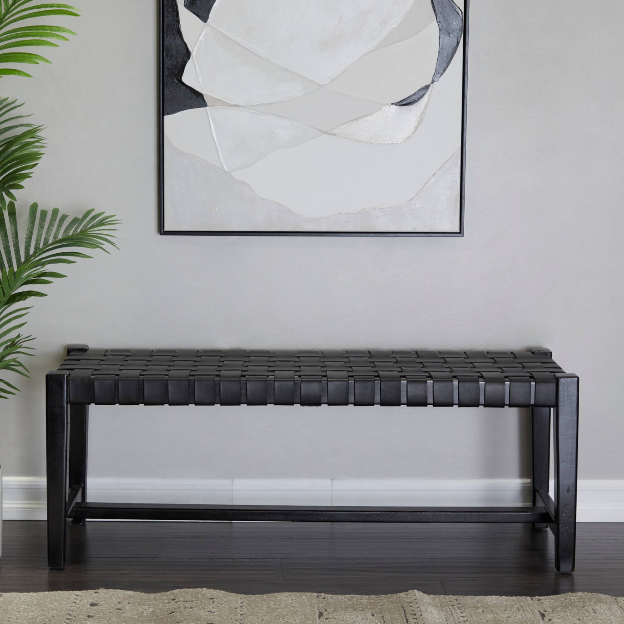 47" Black Leather Handmade Woven Seat Bench